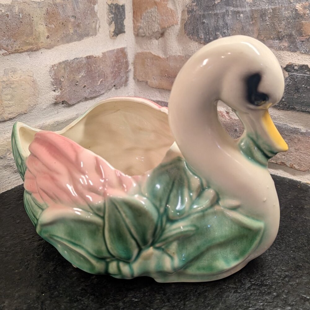 Share Vintage Pink Green White Swan Ceramic Planter 12" x 8"